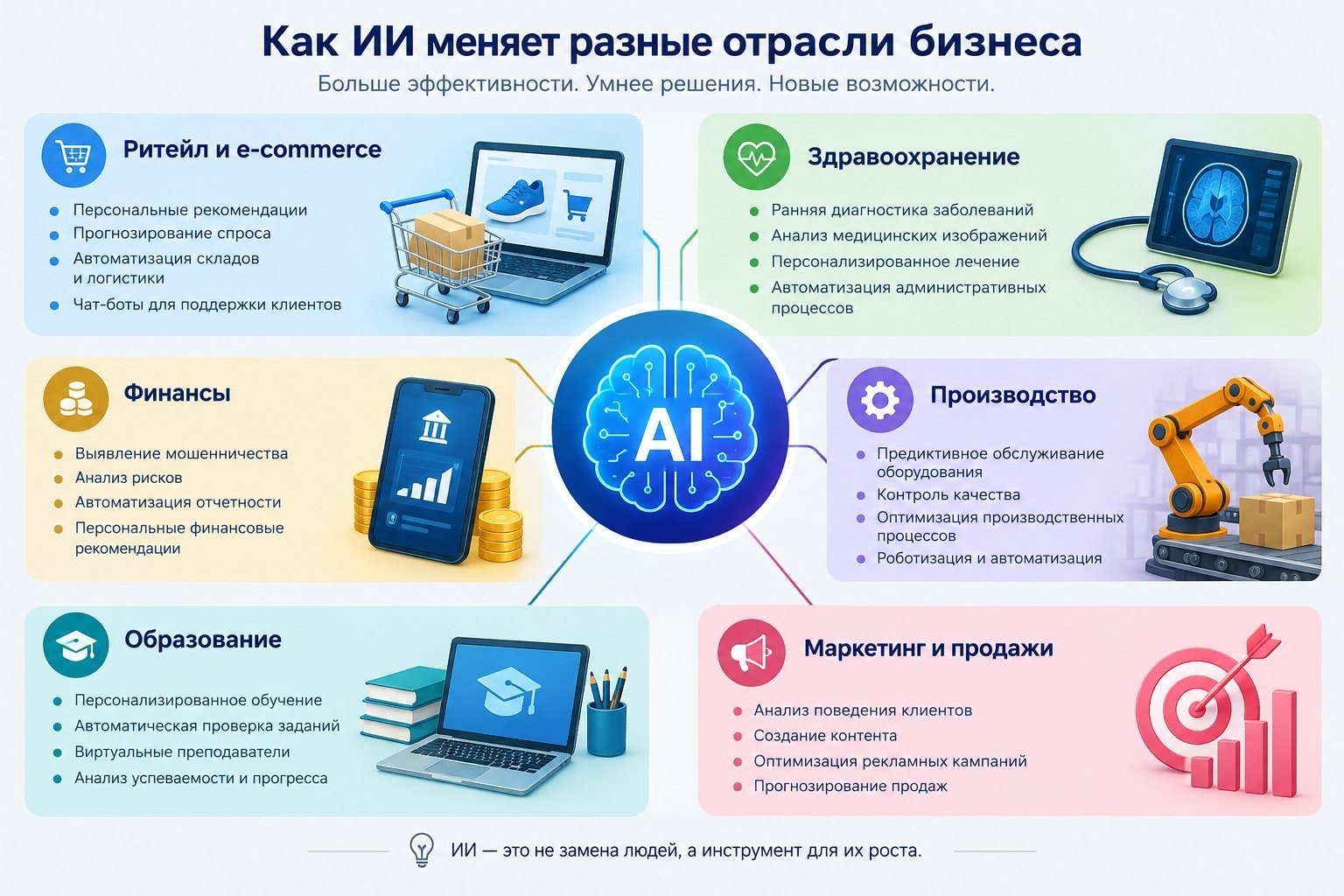 инфографика применения ИИ в разных отраслях бизнеса