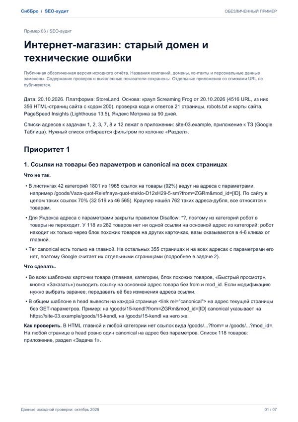 Первая страница обезличенного SEO-аудита, пример 3