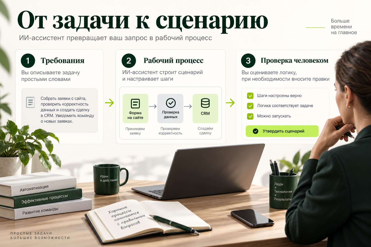 От описания задачи к сценарию: требования, рабочий процесс и проверка человеком
