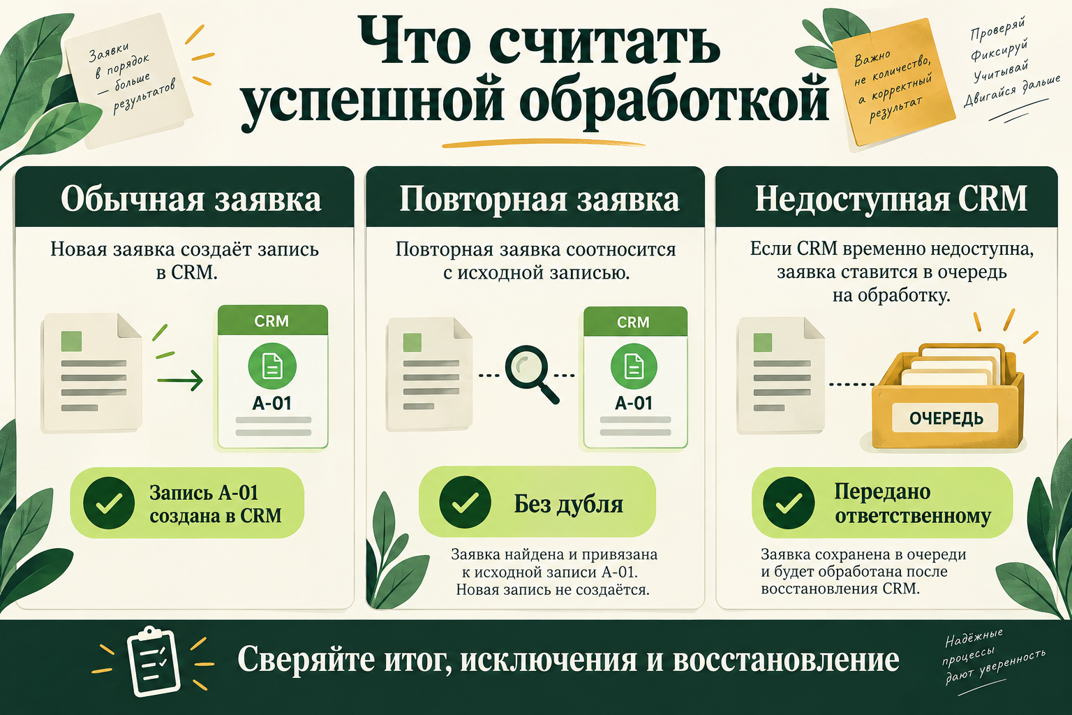 Проверки обычной заявки, повтора и сбоя CRM