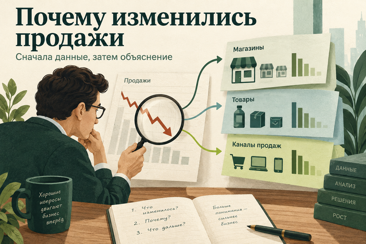Разбор изменения продаж по магазинам, товарам и каналам